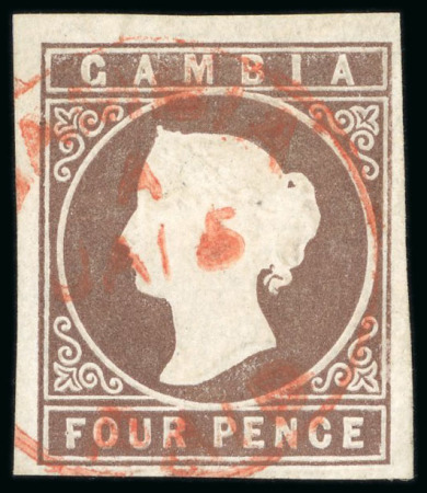 Stamp of Gambia 1869-72 No wmk Cameo 4d brown, used with clear red