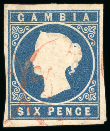 Stamp of Gambia 1869-72 No wmk Cameo 6d blue, used with red cds, good