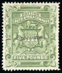 Stamp of Rhodesia 1892-93 £5 sage-green group incl. mint single