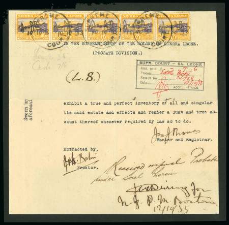 Stamp of Sierra Leone 1933 Centenary of the Abolition of Slavery £1, five examples affixed to 1933 (Oct 12) probate document