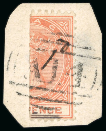 Stamp of Trinidad and Tobago » Tobago 1880, 1d on half of 6d orange tied to small piece