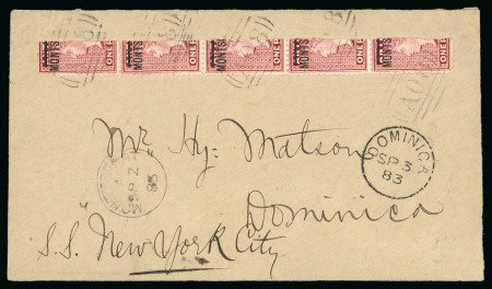 Stamp of Montserrat 1876-83 1d strip of five bisects tied on cover front