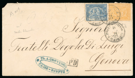 Stamp of Egypt » 1872-75 Penasson 20pa. blue and 2pi. yellow, on 1874 (21.2) tied on cover