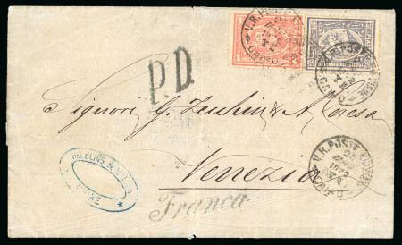 Stamp of Egypt » 1872-75 Penasson 2 1/2pi. violet and 1pi. rose-red, tied on 1872 (25.5) folded cover from Cairo to Venice, Italy