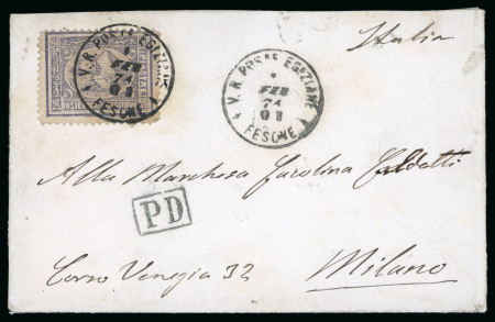 Stamp of Egypt » 1872-75 Penasson 2 1/2pi. violet, perf. 12 1/2 x 13 1/3, tied on 1874 (1.2) attractive neat miniature envelope from Fescne to Milan