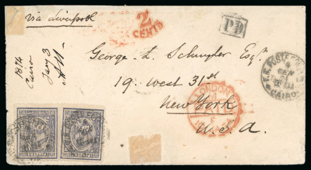 Stamp of Egypt » 1872-75 Penasson 2 1/2pi. violet, perf. 12 1/2 x 13 1/3, two singles, tied on 1874 (4.1) envelope from Cairo to New York, U.S.A.