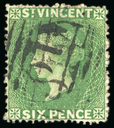 Stamp of St. Vincent 1861 6d Deep yellow-green, used, fine (SG £200), cert. PF (1983)