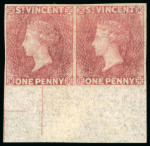 Stamp of St. Vincent 1861 1d rose-red, imperforate unused lower sheet marginal