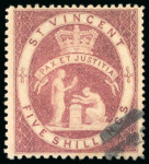 Stamp of St. Vincent 1880 5s Rose-red, used with a partial barred oval numeral