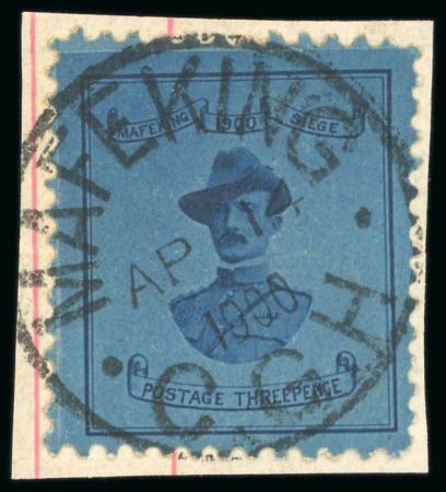Stamp of South Africa » Mafeking 1900 Baden-Powell 3d, 21mm wide, tied to small piece by crisp Mafeking cds