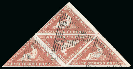 Stamp of South Africa » Cape of Good Hope 1853, 1d brick red on slightly blued paper in used triangular block of four