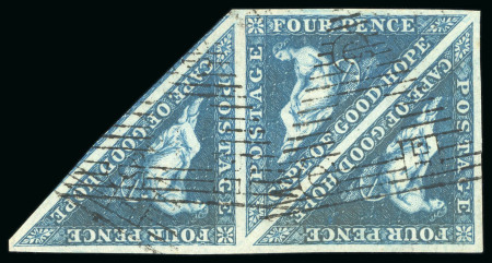Stamp of South Africa » Cape of Good Hope 1853, 4d deep blue on deeply blued paper in strip of three, used