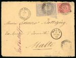 Stamp of Egypt » 1874 Bulaq 10pa. grey, vertical tête-bêche pair and 1pi. red, tied on 1877 (18.7) cover from Ismailia to Malta
