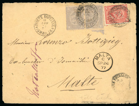 Stamp of Egypt » 1874 Bulaq 10pa. grey, vertical tête-bêche pair and 1pi. red, tied on 1877 (18.7) cover from Ismailia to Malta