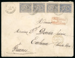 Stamp of Egypt » 1874 Bulaq 20pa. slate blue, pair and two singles, tied on 1877 (21.1) cover from Abuhomus to Embrun, France