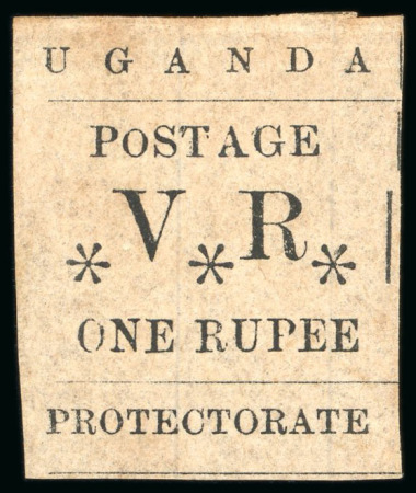 Stamp of Uganda 1896 (Nov) 1R with small "O" in "POSTAGE" unused and normal used on piece
