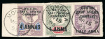 Stamp of Kenya, Uganda and Tanganyika » British East Africa 1890 1/2a on 1d, 1a on 2d and 4a on 5d set of three tied to single piece by Mombasa MR 15 95 cds