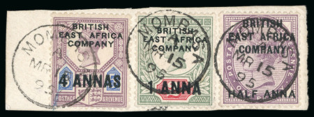 Stamp of Kenya, Uganda and Tanganyika » British East Africa 1890 1/2a on 1d, 1a on 2d and 4a on 5d set of three tied to single piece by Mombasa MR 15 95 cds