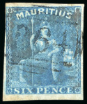 Stamp of Mauritius 1859 Britannia 6d, close to very large margins, cancelled by clear Seychelles "B64" numeral