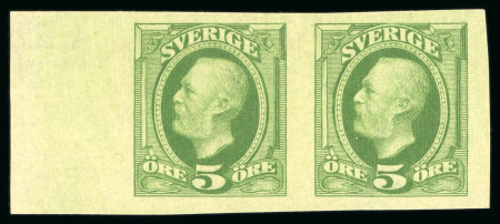 Stamp of Sweden 1891-1903 Oscar II 5öre yellowish green, toned print (1910), imperf. mint left marginal pair and imperf. used pair 