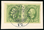 Stamp of Sweden 1891-1903 Oscar II 5öre yellowish green, toned print (1910), imperf. mint left marginal pair and imperf. used pair 