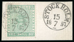 Stamp of Sweden 1855 3sk bluish green tied to piece by Stockholm cds with further strike adjacent