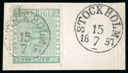Stamp of Sweden 1855 3sk bluish green tied to piece by Stockholm cds with further strike adjacent