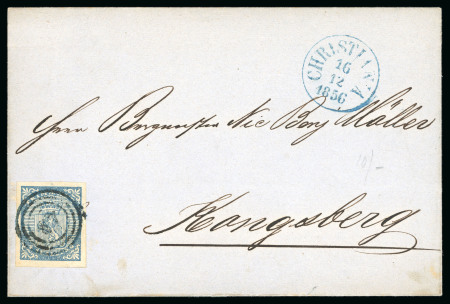 Stamp of Norway 1855 Coat of Arms 4sk blue, very good to large margins, tied to 16.12.1856 wrapper from Christiana