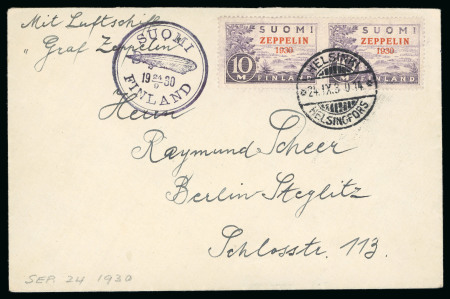 Stamp of Finland 1930 Zeppelin 10m pair tied to 24.IX.30 cover sent by Graf Zeppelin