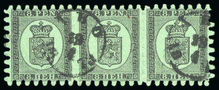 Stamp of Finland 1866-67 8p black on ordinary yellow-green paper, roulette II, in used strip of three
