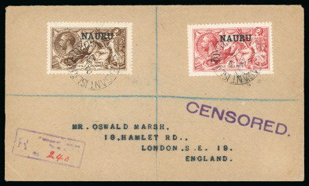 Stamp of Nauru 1916-23 De La Rue 2s6d very deep brown and 5s bright carmine tied to Oswald Marsh cover from Pleasant Island