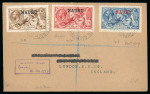 Stamp of Nauru 1916-23 De La Rue 2s6d yellow-brown, 5s bright carmine and 10s pale blue, all tied to Oswald Marsh cover