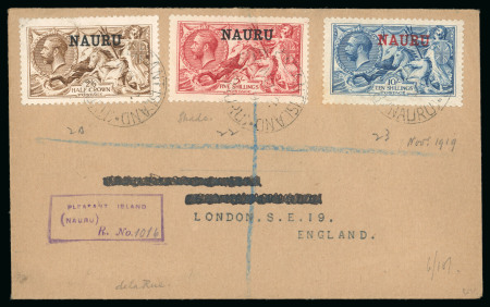 Stamp of Nauru 1916-23 De La Rue 2s6d yellow-brown, 5s bright carmine and 10s pale blue, all tied to Oswald Marsh cover