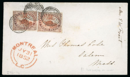 Stamp of Canada 1851, 3d red on laid paper, two singles with ample to large margins, tied by bold targets to cover to USA