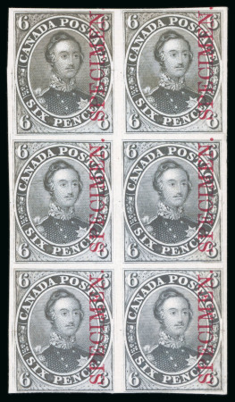 Stamp of Canada 1851 6d dark grey trial colour proof on India paper with "SPECIMEN." in block of 6