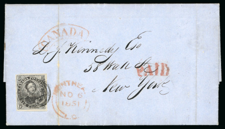 Stamp of Canada 1851 6d slate-violet, good to very good margins, tied to NO 6 1851 entire from Montreal to New York
