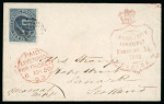 Stamp of Canada 1852-57, 10d blue on thick wove paper, with close to large margins, tied by square grid on small cover to Scotland 
