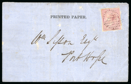 Stamp of Canada 1852-57, 1/2d deep rose on medium wove paper, fine to good margins, tied to "PRINTED PAPER" wrapper