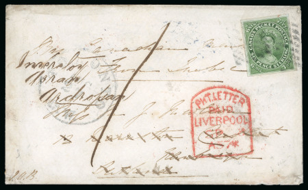 Stamp of Canada 1852-57, 7 1/2d yellow-green on medium wove paper, with well balanced margins, tied on cover to Scotland