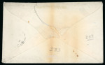 Stamp of Canada 1858-59, 3d red perf.11 3/4 tied to small envelope by blue target numeral with matching Belleville cds
