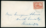 Stamp of Canada 1858-59, 3d red perf.11 3/4 tied to small envelope by blue target numeral with matching Belleville cds