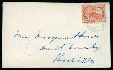 Stamp of Canada 1858-59, 3d red perf.11 3/4 tied to small envelope by blue target numeral with matching Belleville cds