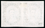 Stamp of Canada 1851 12d black trial colour proof on India paper, pair with vertical "SPECIMEN." in carmine