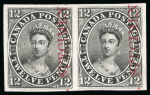 Stamp of Canada 1851 12d black trial colour proof on India paper, pair with vertical "SPECIMEN." in carmine