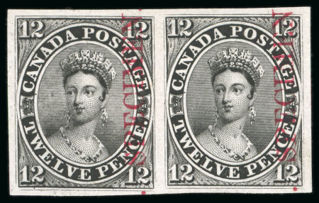 Stamp of Canada 1851 12d black trial colour proof on India paper, pair with vertical "SPECIMEN." in carmine