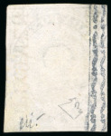 Stamp of Canada 1851, 12d black trial colour proof on India paper with vertical "SPECIMEN." in carmine