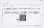 Stamp of Canada 1851, 12d black trial colour proof on India paper with vertical "SPECIMEN." in carmine