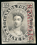 Stamp of Canada 1851, 12d black trial colour proof on India paper with vertical "SPECIMEN." in carmine