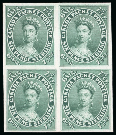 Stamp of Canada 1852-57, 7 1/2d green proof on India paper affixed to card in block of four