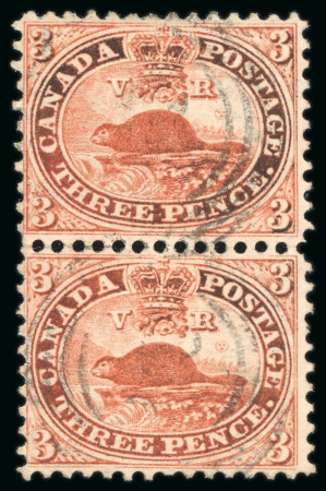 Stamp of Canada 1858-59, 3d red perf.11 3/4 vertical rejoined pair, with light target cancels